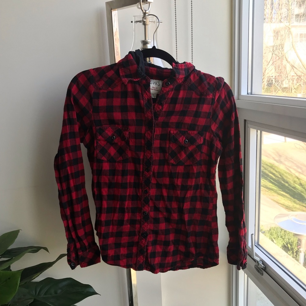 Plaid button up flannel with hood